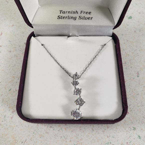 Danecraft Sterling Silver Swerved Drop CZ Stones Pendant 18 in. Chain New in Box - Picture 3 of 4
